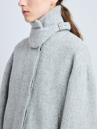 Detail image of model wearing Darcy Jacket in Brushed Wool Cashmere in light grey melange