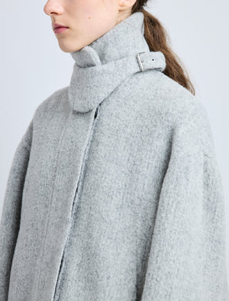 Detail image of model wearing Darcy Jacket in Brushed Wool Cashmere in light grey melange