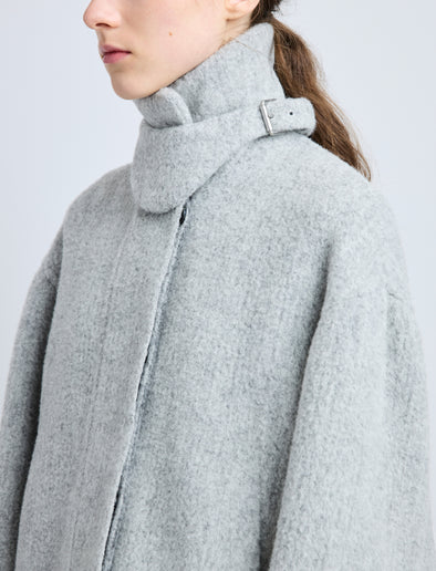 Detail image of model wearing Darcy Jacket in Brushed Wool Cashmere in light grey melange