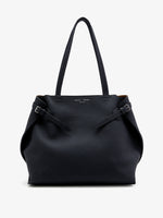 Front image of Days Tote in Pebbled Calf Skin in BLACK with sides cinched