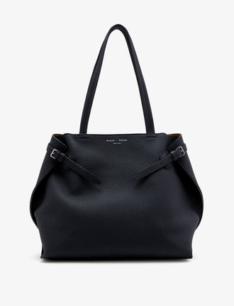 Front image of Days Tote in Pebbled Calf Skin in BLACK with sides cinched