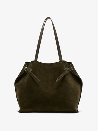Proenza Schouler Front image of Days Tote in Soft Suede in Olive with sides cinched