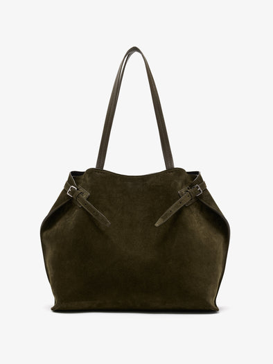 Proenza Schouler Front image of Days Tote in Soft Suede in Olive with sides cinched