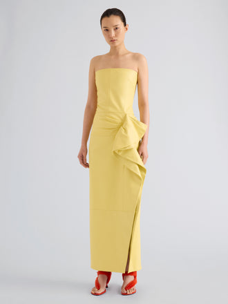 Proenza Schouler Full length front image of model wearing Alonna Dress in Leather in Pale Yellow