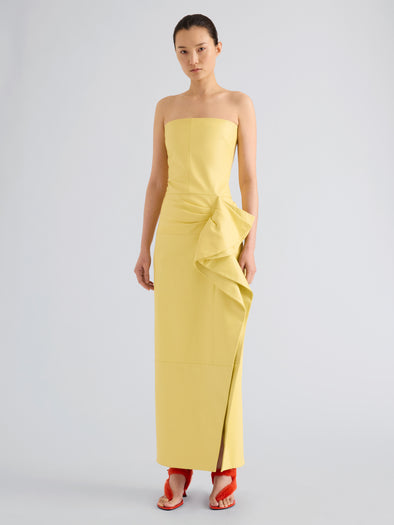 Proenza Schouler Full length front image of model wearing Alonna Dress in Leather in Pale Yellow