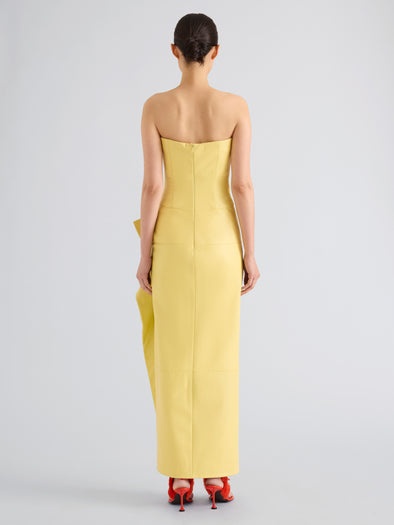 Proenza Schouler Full length back image of model wearing Alonna Dress in Leather in Pale Yellow