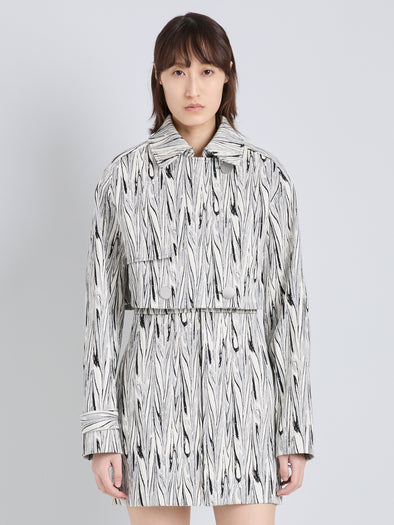 Proenza Schouler Cropped Front Image of model wearing Della Jacket in Marble Double Jacquard in White Multi