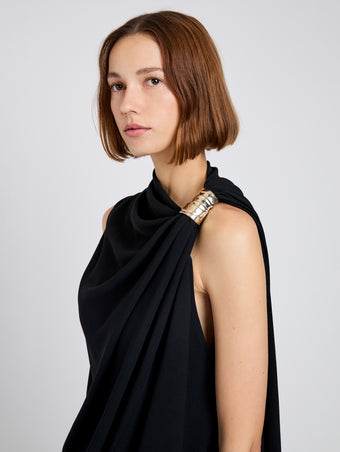 Proenza Schouler detail image of model wearing Denise Dress in Viscose Crepe in Black