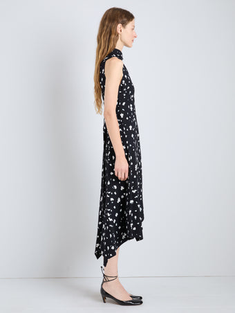 Proenza Schouler full length side image of Devora Dress in Printed Viscose in black multi
