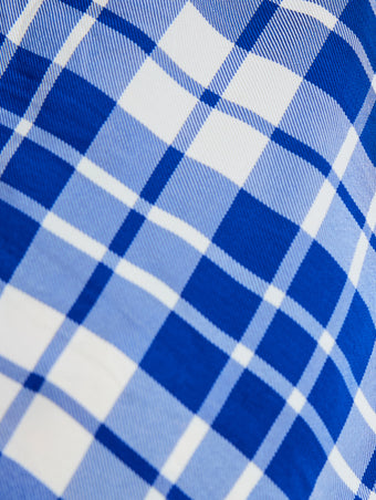 Proenza Schouler fabric detail of Hallie Dress in Crinkled Plaid in cobalt multi