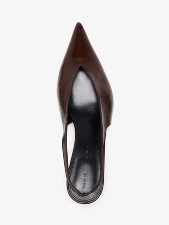 Proenza Schouler Still Life Aerial Image of Slash Slingbacks in Slick Nappa in Chocolate