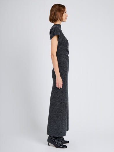 Proenza Schouler Side full length image of model wearing Abie Dress in Clean Boiled Wool in Dark Grey
