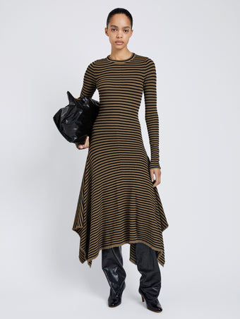Proenza Schouler Full Length Front image of model wearing Didi Dress in Matte Viscose Velvet Stripe in Khaki Black