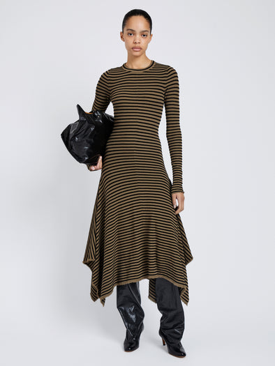 Proenza Schouler Full Length Front image of model wearing Didi Dress in Matte Viscose Velvet Stripe in Khaki Black