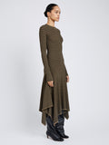 Proenza Schouler Full Length Side image of model wearing Didi Dress in Matte Viscose Velvet Stripe in Khaki Black
