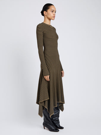 Proenza Schouler Full Length Side image of model wearing Didi Dress in Matte Viscose Velvet Stripe in Khaki Black
