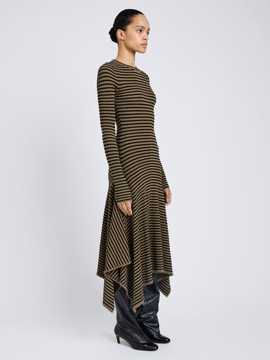 Proenza Schouler Full Length Side image of model wearing Didi Dress in Matte Viscose Velvet Stripe in Khaki Black