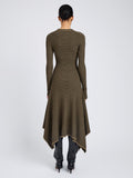 Proenza Schouler Full Length Back image of model wearing Didi Dress in Matte Viscose Velvet Stripe in Khaki Black