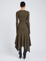 Proenza Schouler Full Length Back image of model wearing Didi Dress in Matte Viscose Velvet Stripe in Khaki Black