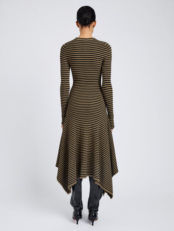 Proenza Schouler Full Length Back image of model wearing Didi Dress in Matte Viscose Velvet Stripe in Khaki Black