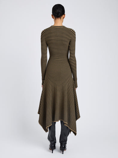 Proenza Schouler Full Length Back image of model wearing Didi Dress in Matte Viscose Velvet Stripe in Khaki Black