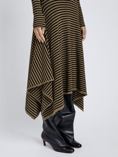 Proenza Schouler Detail image of model wearing Didi Dress in Matte Viscose Velvet Stripe in Khaki Black