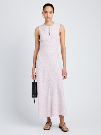 Proenza Schouler Full Length Front Image of model wearing Jessi Dress in Pinstripe Flou in Orchid/Black