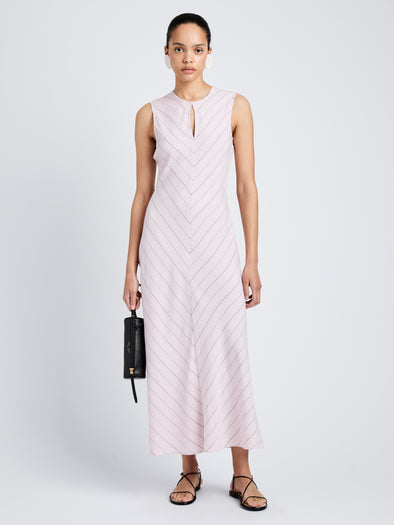 Proenza Schouler Full Length Front Image of model wearing Jessi Dress in Pinstripe Flou in Orchid/Black