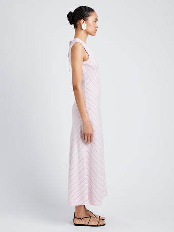 Proenza Schouler Full Length Side Image of model wearing Jessi Dress in Pinstripe Flou in Orchid/Black