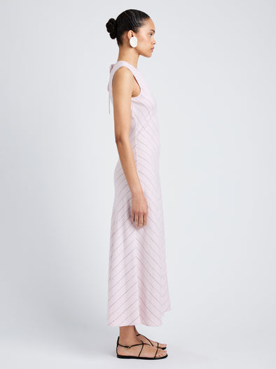 Proenza Schouler Full Length Side Image of model wearing Jessi Dress in Pinstripe Flou in Orchid/Black