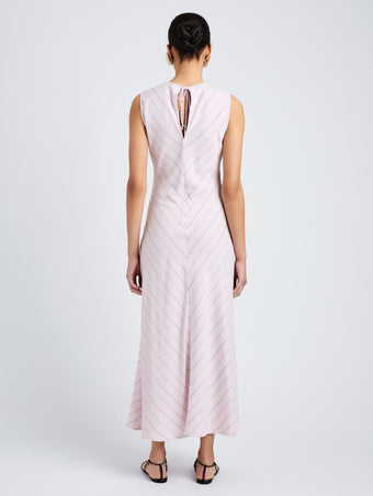Proenza Schouler Full Length Back Image of model wearing Jessi Dress in Pinstripe Flou in Orchid/Black