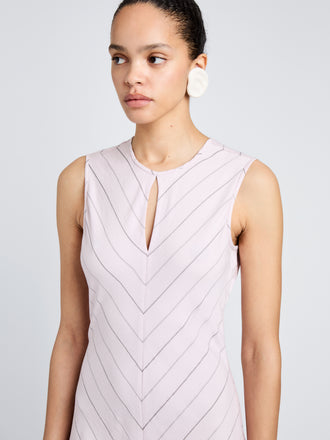 Proenza Schouler Detail Image of model wearing Jessi Dress in Pinstripe Flou in Orchid/Black