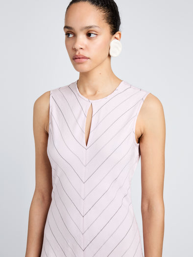 Proenza Schouler Detail Image of model wearing Jessi Dress in Pinstripe Flou in Orchid/Black
