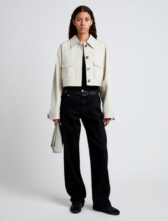 Front image of model wearing Dylan Jacket in Organic Cotton Twill in wheat