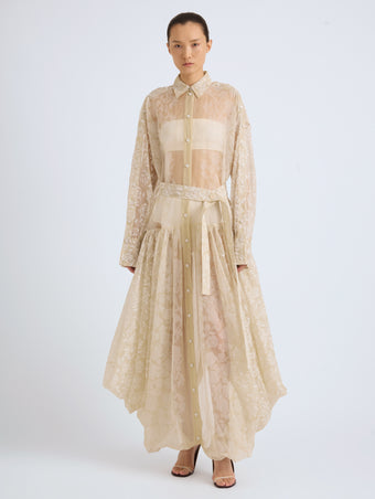 Proenza Schouler Front On Model Image of the EDESSA DRESS IN ROSE PRINTED SILK ORGANZA in Ecru Multi