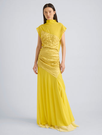 Proenza Schouler Front On Model Image of EVENIA DRESS IN STRETCH GEORGETTE in Yellow Multi