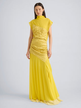 Proenza Schouler Front On Model Image of EVENIA DRESS IN STRETCH GEORGETTE in Yellow Multi