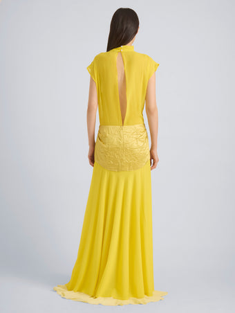 Proenza Schouler Back On Model Image of EVENIA DRESS IN STRETCH GEORGETTE in Yellow Multi