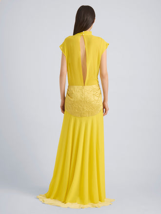 Proenza Schouler Back On Model Image of EVENIA DRESS IN STRETCH GEORGETTE in Yellow Multi