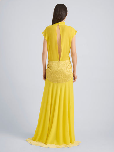 Proenza Schouler Back On Model Image of EVENIA DRESS IN STRETCH GEORGETTE in Yellow Multi