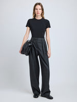 Proenza Schouler Front full length image of model wearing Eleanor Pant in Grid Flannel in CARBON MELANGE