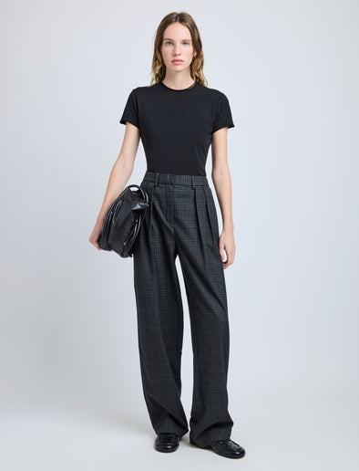 Proenza Schouler Front full length image of model wearing Eleanor Pant in Grid Flannel in CARBON MELANGE
