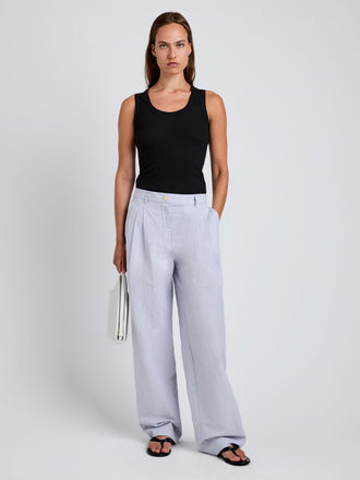 Proenza Schouler Front full length image of model wearing Eleanor Pant in Linen Shirting in Light Oxford Melange
