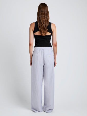 Proenza Schouler Back full length image of model wearing Eleanor Pant in Linen Shirting in Light Oxford Melange