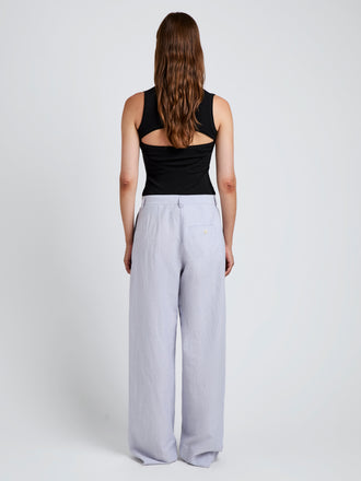 Proenza Schouler Back full length image of model wearing Eleanor Pant in Linen Shirting in Light Oxford Melange