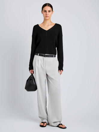 Proenza Schouler Front full length image of model wearing Eleanor Pant in Wool Melange in Light Grey
