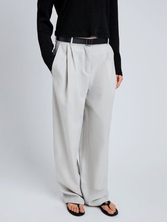Proenza Schouler Detail image of model wearing Eleanor Pant in Wool Melange in Light Grey