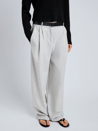Proenza Schouler Detail image of model wearing Eleanor Pant in Wool Melange in Light Grey