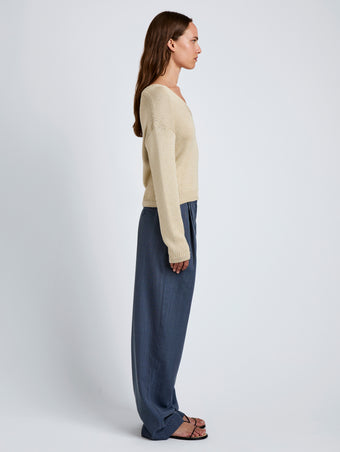 Proenza Schouler Side full length image of model wearing Eleanor Pant in Wool Melange in Denim