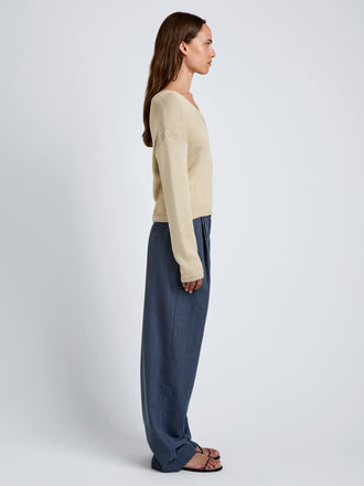 Proenza Schouler Side full length image of model wearing Eleanor Pant in Wool Melange in Denim